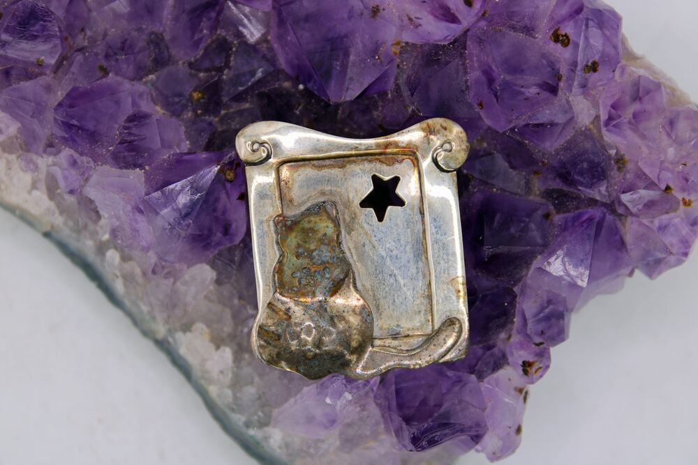 Far Fetched Sterling Silver Cat on Window Seal Brooch